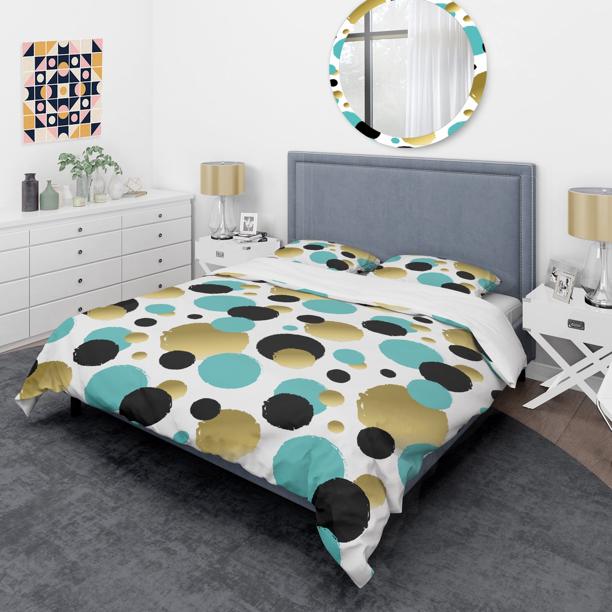 Designart 'Gold And Blue Circles ' Mid-Century Modern Duvet Cover Set
