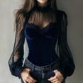 thumbnail image 2 of Women's Corset Velvet Turtleneck Lace Long Sleeve Ruffle Slim Fit Vintage Casual Elegant Corset - Mesh Sheer Crew Neck Shirts Sexy Spring Going Out Blouse Navy S, 2 of 5