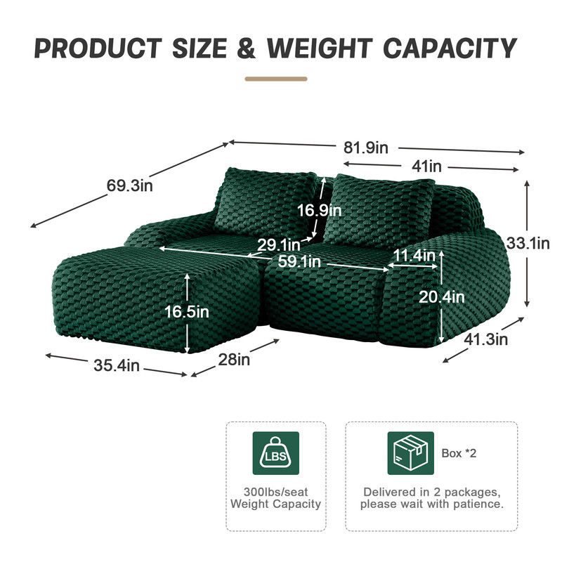 82" Modern L-Shaped Modular Sectional Sofa for Living Room,Flannelette Fabric,Oversized 2-Seater Couch,boneless sofa ,Movable Ottoman,Buckle connection,Anti-slip Design,No Assembly,Green