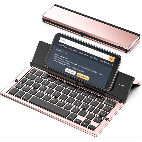 Bluetooth Keyboard Foldable Portable Folding Travel Keyboard for iPhone 15 Pro Plus/Xs/max/iPad/iPad mini 4, Tablet Smart Phone (Rose Gold)