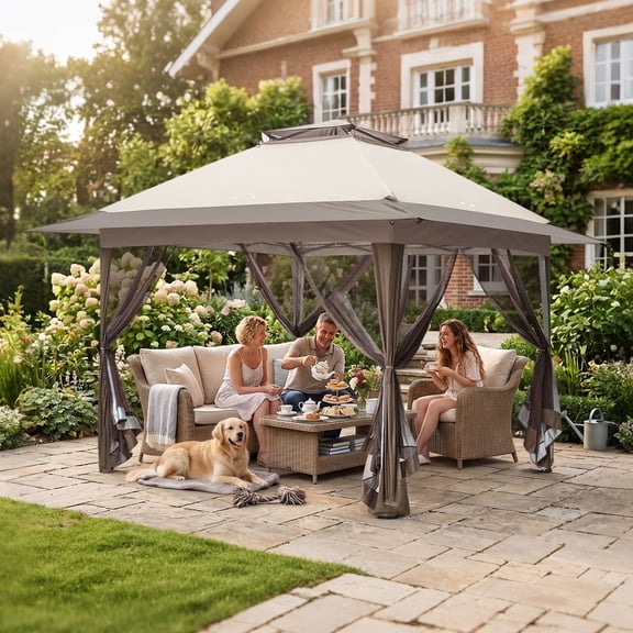 EAGLE PEAK 13' x 13' Pop-up Gazebo Tent Instant with Mosquito Netting,Outdoor Gazebo Canopy Easy Set-up Folding Shelter (Beige/Brown)