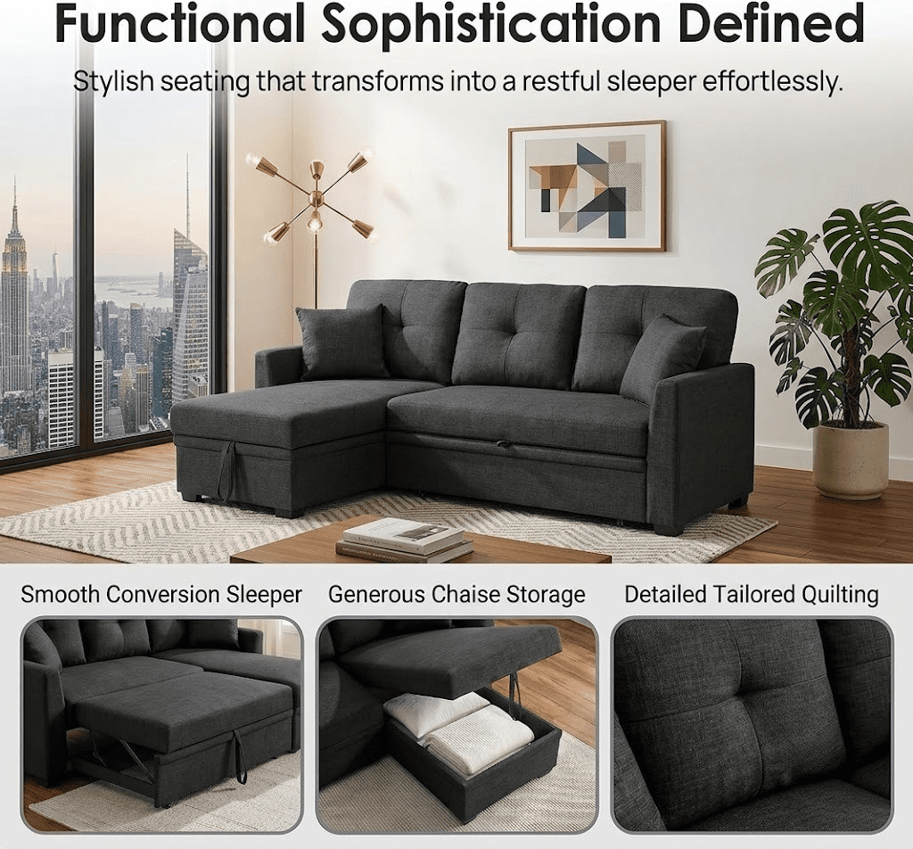 EPOWP 82" Sectional Sofa Bed, L-Shaped Sleeper Pull Out Couch with Storage Chaise & USB Charging Ports, Linen Fabric for Small Apartment Living Room,Dark Grey