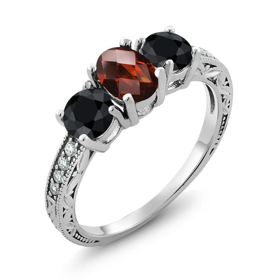 Gem Stone King 2.50 Ct Oval Checkerboard Red Garnet Black Sapphire 925 Sterling Silver Moissanite Ring (Size 8)