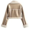 thumbnail image 5 of WTOBBY Women's Cropped Jacket with Lapel Collar and Plush Lining, Winter Warm Outerwear with Pocket, Short Length Design,Beige L, 5 of 5