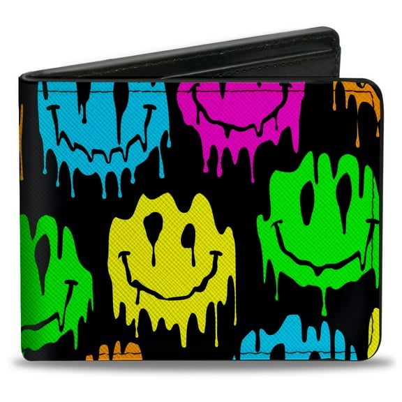 Buckle-Down Wallet, Bifold, Smiley Face Melted Repeat Black Multi Neon, Vegan Leather