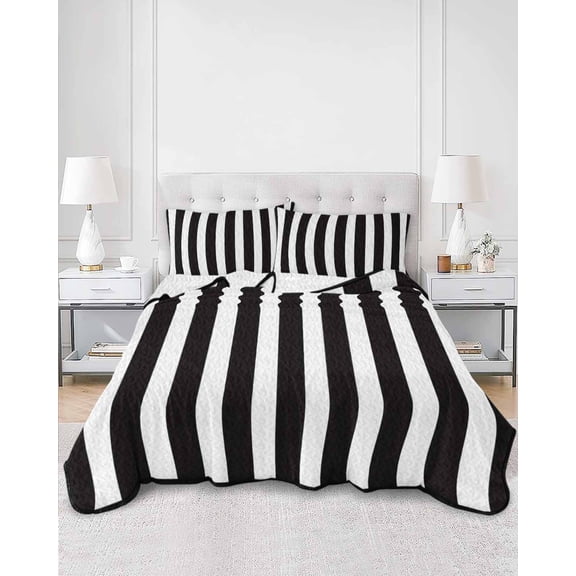 Quilts Queen Size, Black Striped Soft Comforter Bedding Set for Bed, Modern Farmhouse Black White Stripes Lightweight Quilted Bedspread with Pillow Cover(2 Pieces) for All Season, 90x96 Inch