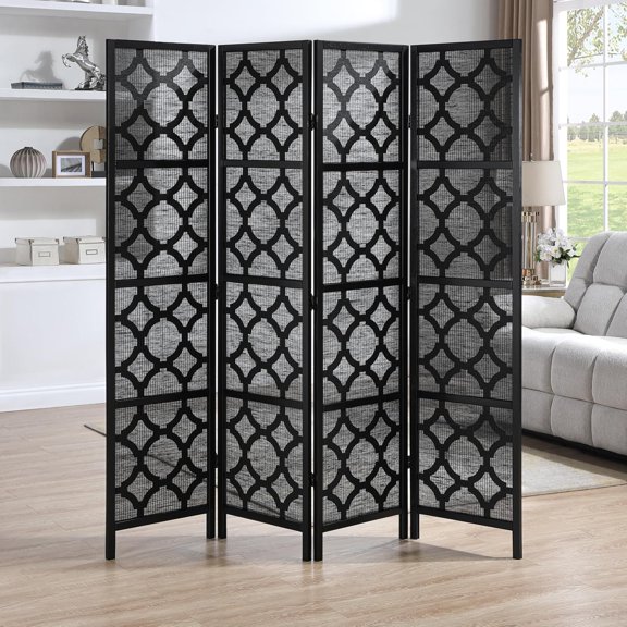 Quarterfoil Diamond Design 4-Panel Room Divider, Black