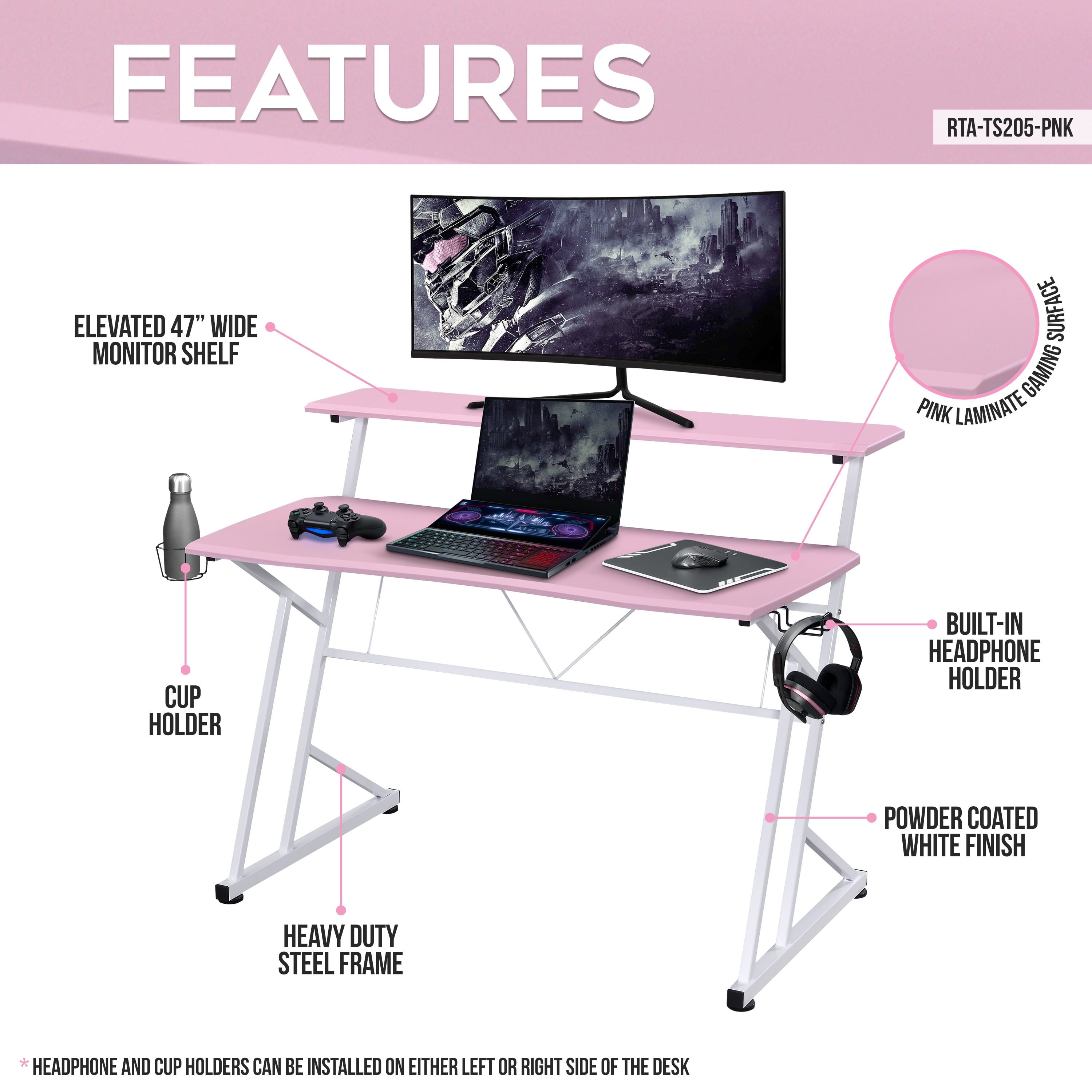 TECHNI MOBILI 23.62 in. Rectangular Pink Kids Computer Gaming Desk