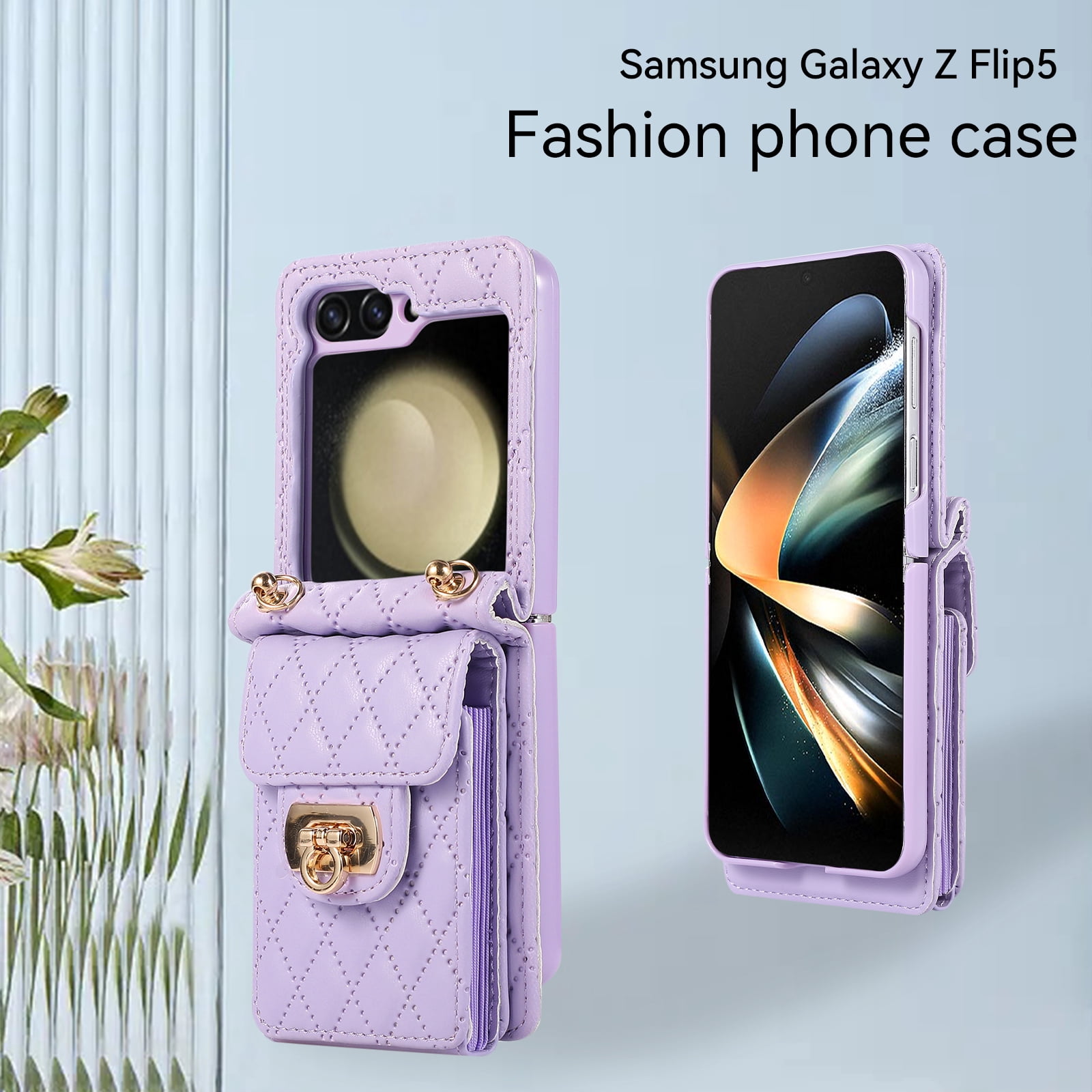 Decase For Samsung Galaxy Z Flip 5 5G Leather Wallet Case, PU Leather Shockproof Case with Crossbody Strap, Back Built in Stand Wallet Credit Card Holder Slots Phone Cover,Purple