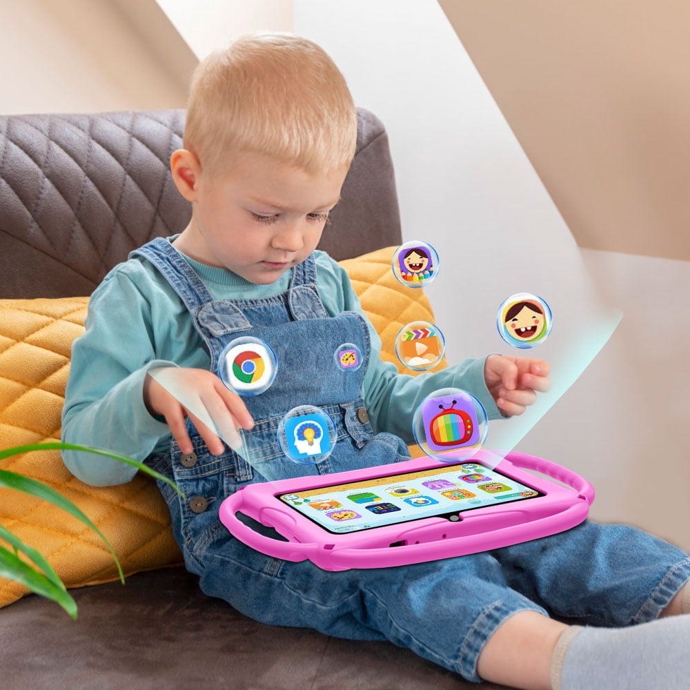 Kids Tablet 7 inch Android for Toddler, 6GB RAM 32GB ROM Bluetooth IPS Screen Parental Control Dual Camera Shockproof Case for Educational Games (pink)
