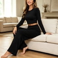 thumbnail image 5 of Kyntgho Women's Cotton 2 Piece Lounge Set, Long Sleeve Crew Neck Crop Top and Cropped Wide Leg Pants, Casual Matching Outfit, 5 of 6