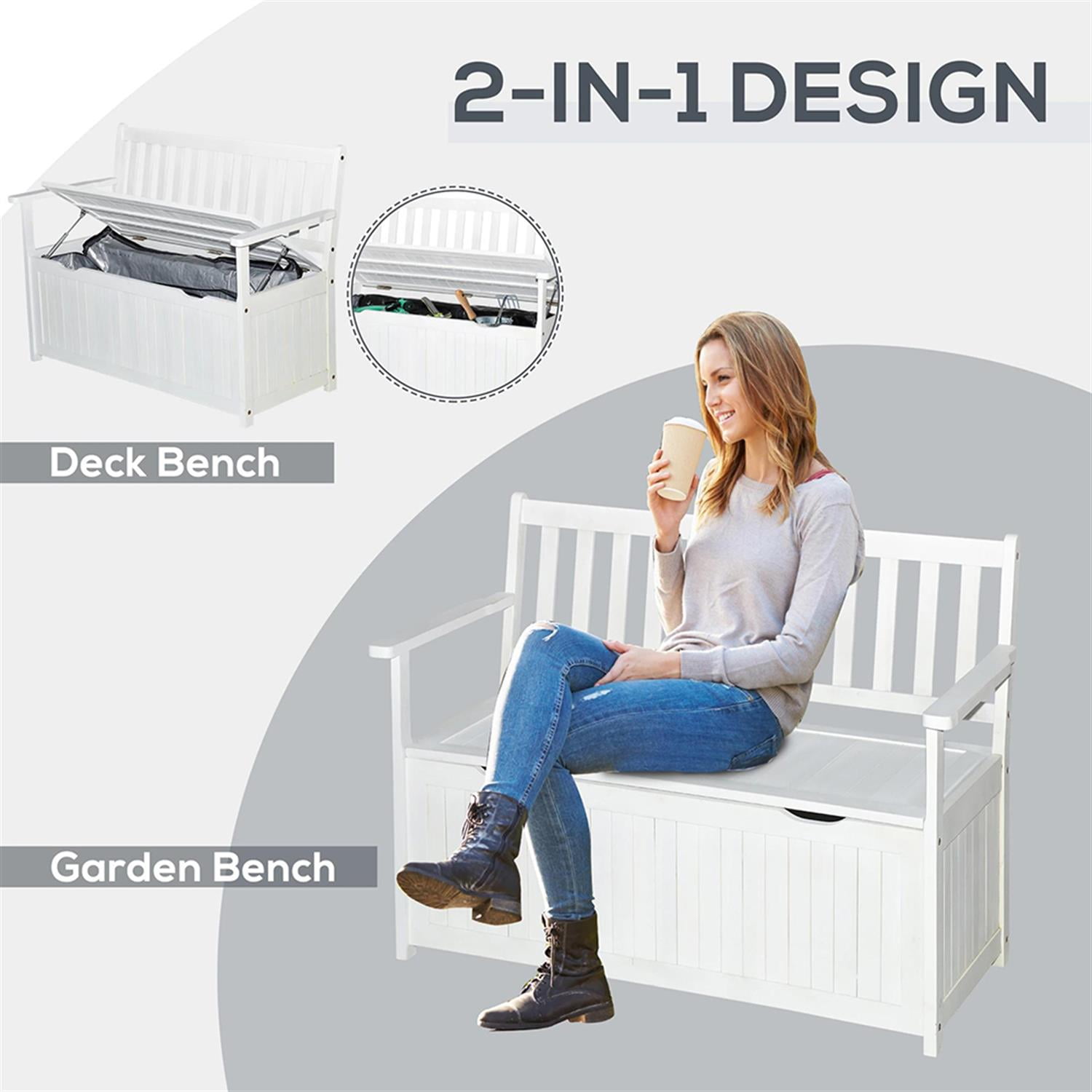 Demi Bonn 41" Patio Garden Bench Wooden Deck Box Storage Bench, Outdoor Benches Furniture with Inner Waterproof PE Lining for Backyard, Park, Lawn, Yard, White