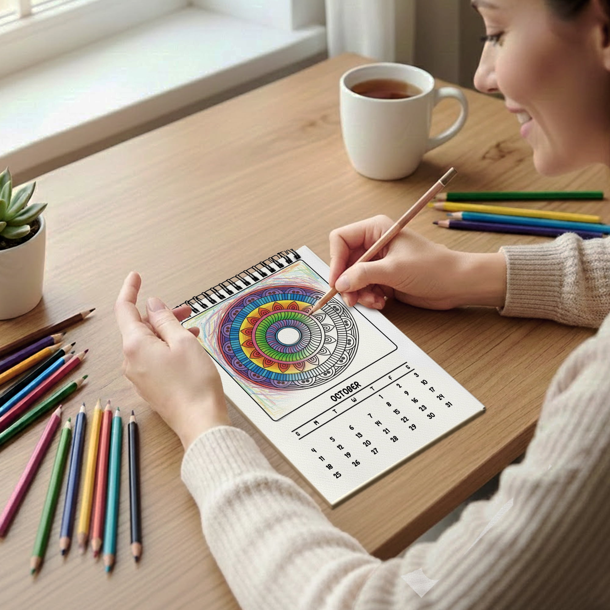 Stained Glass Patterns Coloring Desk Calendar 2026–2027, A5 Wooden Cover Planner with 26 Easy Coloring Pages for Adult Relaxation, 24 Month Desktop Calendar with Stand, Gift for Family & Friends