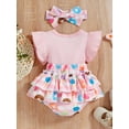 thumbnail image 3 of Cenuakty Baby Girls Outfits Set Fake Two Piece Suspender Bowknot Patchwork Donut/Flower Printed Ruffle Triangle Romper with Headband, 3 of 9