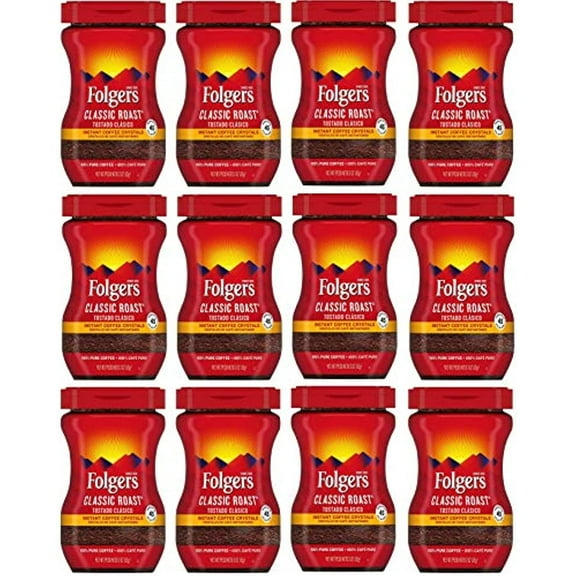 Folgers 20083 Classic Roast Instant Coffee Crystals, 3 Ounces, 100% Pure Coffee, Medium Roast, Easy-Open Flip Top Lid, Portable Plastic Jar, Pack Of 12