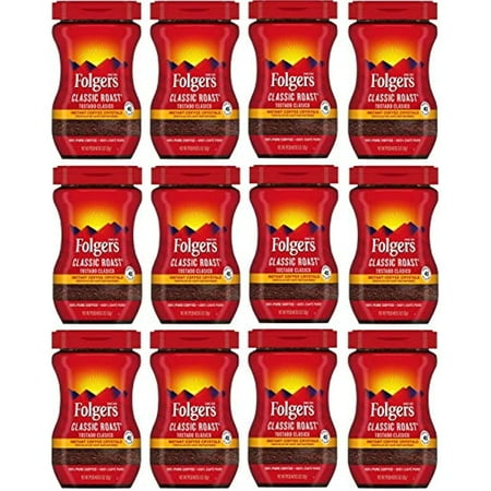 Folgers 20083 Classic Roast Instant Coffee Crystals, 3 Ounces, 100% Pure Coffee, Medium Roast, Easy-Open Flip Top Lid, Portable Plastic Jar, Pack Of 12