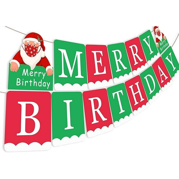 Merry Birthday Banner Christmas Happy Birthday Banner for Christmas Birthday Party Decorations 2022 Xmas Party Supplies Fireplace Mantle Indoor