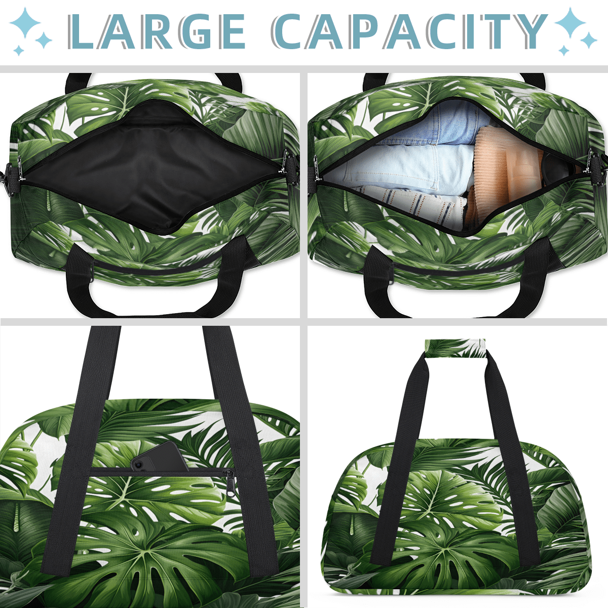Herdesigns Tropical Green Plant Leaf Sports Duffle Bag for Women & Men, Botanical Jungle Design Gym Bag Dance Bag Overnight Bag Carry On Weekender Travel Bag