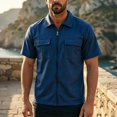 thumbnail image 2 of Mens Full Zipp Short Sleeve Shirt Summer Stretch Business Shirts Navy XL, 2 of 6