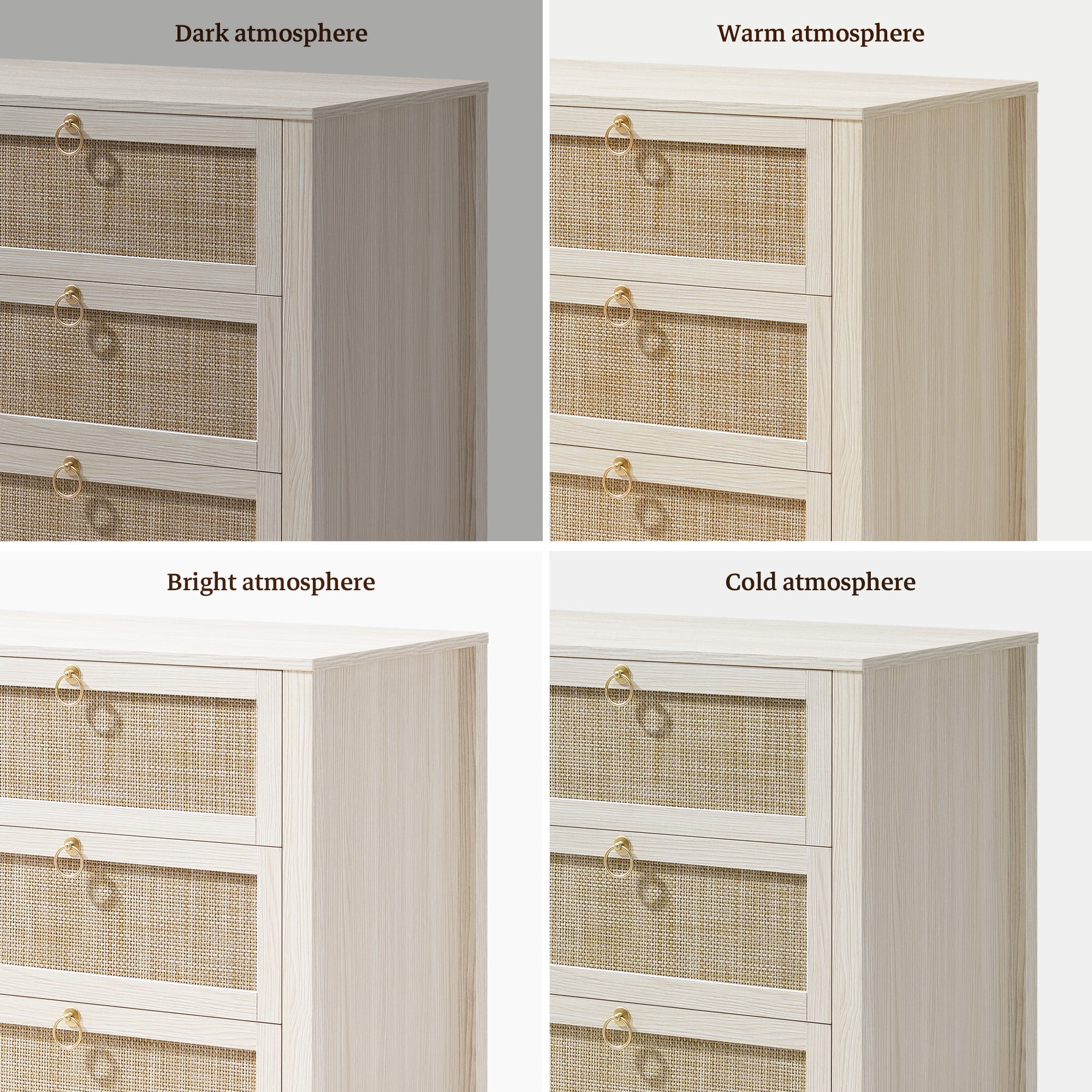 SICOTAS 51.14" Wide 6-Drawer Rattan Dresser, White Boho Chest of Drawers with Gold Handle for Bedroom, Coastal Bedroom Furniture White Oak Dressers for Bedroom
