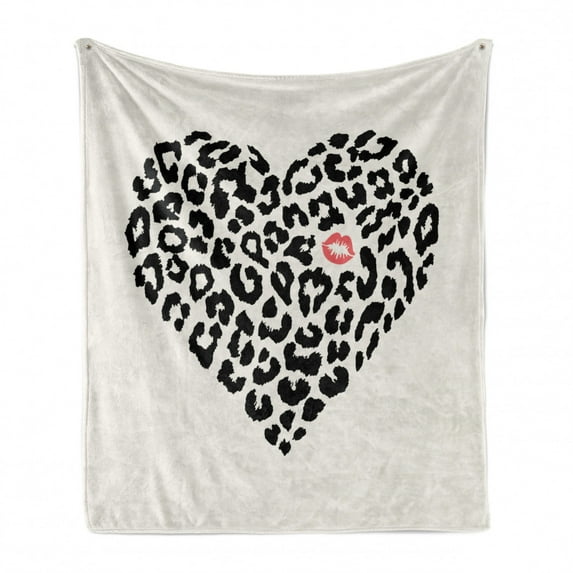 Kiss Soft Flannel Fleece Throw Blanket, Heart Shape Wild Leopard Skin Pattern a Kiss Mark Valentine's Day Honeymoon, Cozy Plush for Indoor and Outdoor Use, 50" x 70", Cream Black Coral, by Ambesonne