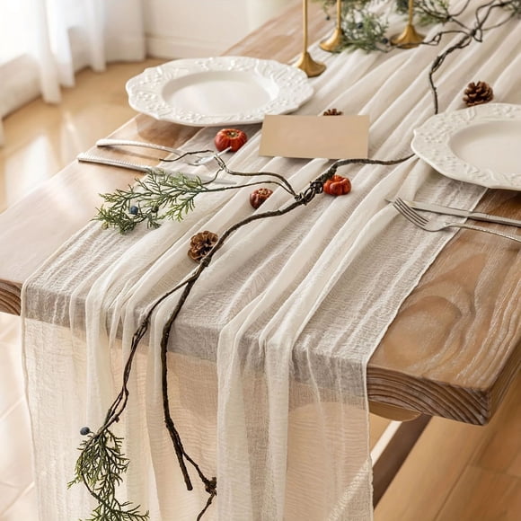 Bandera de Mesa con Bordes Rugosos, Borlas, Tela Arrugada, Tela de Queso, Mantel Occidental para Bodas, Sensación de Alta Gama.