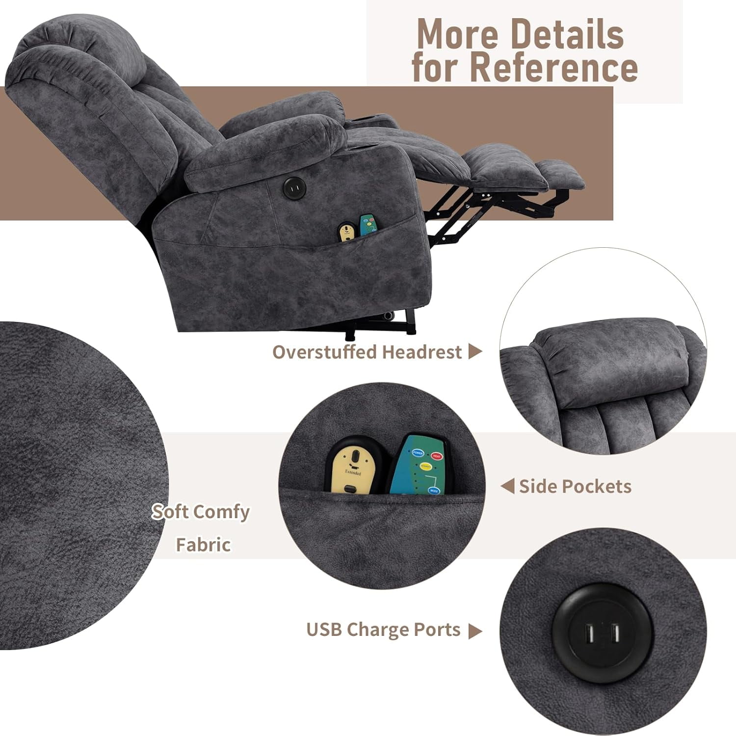 EPICOZY Large Power Lift Recliner Chair for Elderly Tall Man, Overstuffed Widen Massage Electric Recliner with Heat Vibration, Extended Footrest, Cup Holders, Side Pockets & USB Ports, Fabric Grey