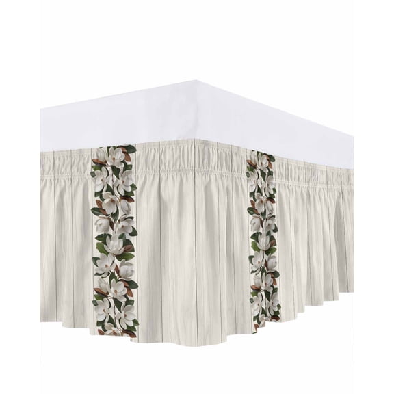 Retro Magnolia Bed Skirt King Size 18 Inch Drop, Flower Leaf Classic Beige Wood Grain Texture Adjustable Elastic Dust Ruffles Bedskirt for King Bed Wrap Around Pleated Mattress Frame Cover