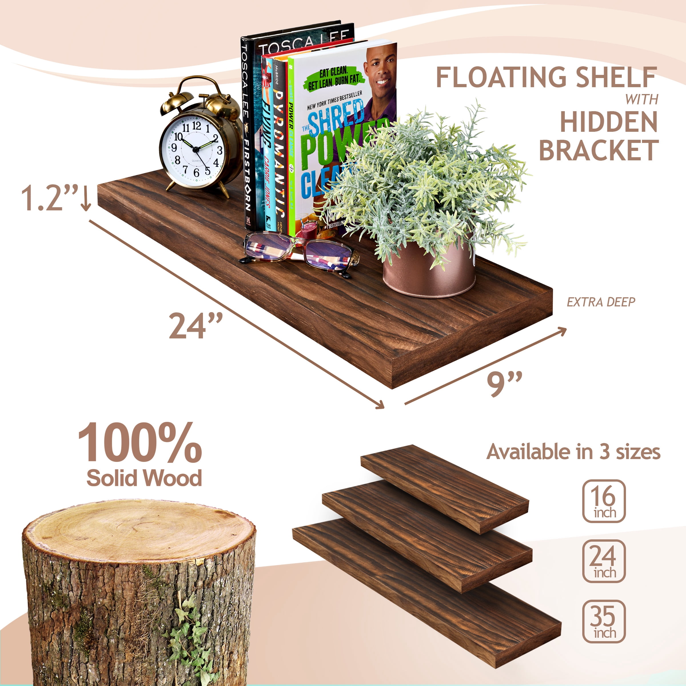 Sorbus 2-Pack Solid Wood Floating Shelves, 24 in, Brown, Wall-Mounted Storage