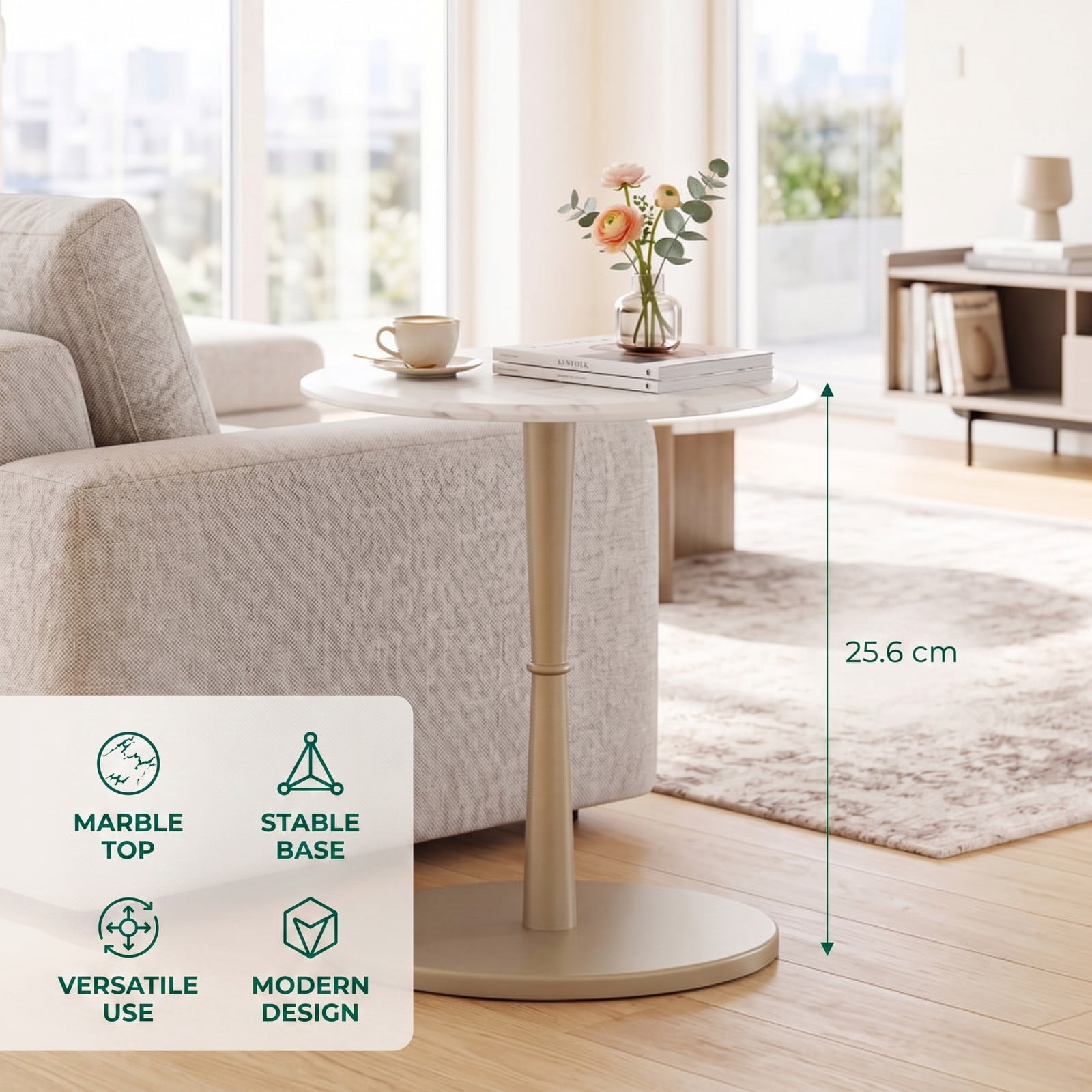 Furnibear Round Marble Side Table, Genuine Stone End Table with Solid Wood Base, Waterproof Heat-Resistant Accent Nightstand for Living Room Bedroom, White and Gold