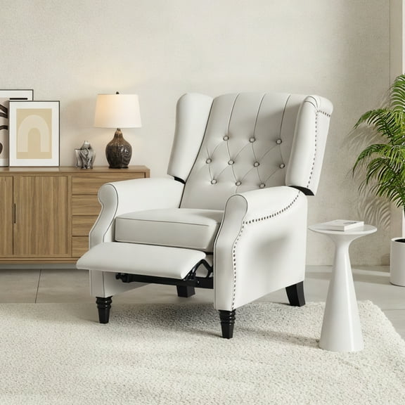 FunniHomi Pushback Recliner Chair, Farbric Wingback Accent Chair with Rivet Decoration for Living Room, Bedroom and Study, White