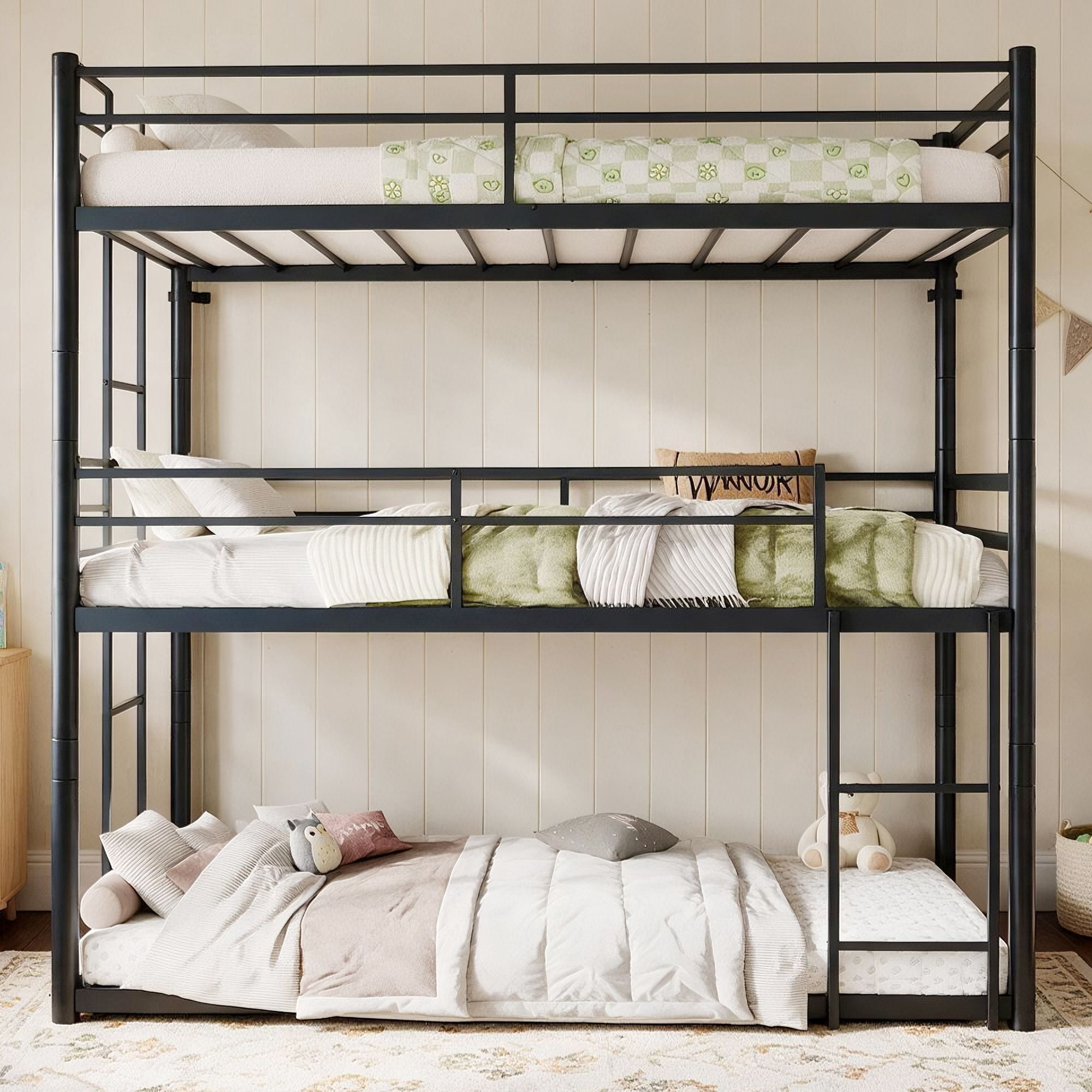 Alvantor Triple Twin over Twin Metal Bunk Bed, 3-in-1 Convertible Frame, Black