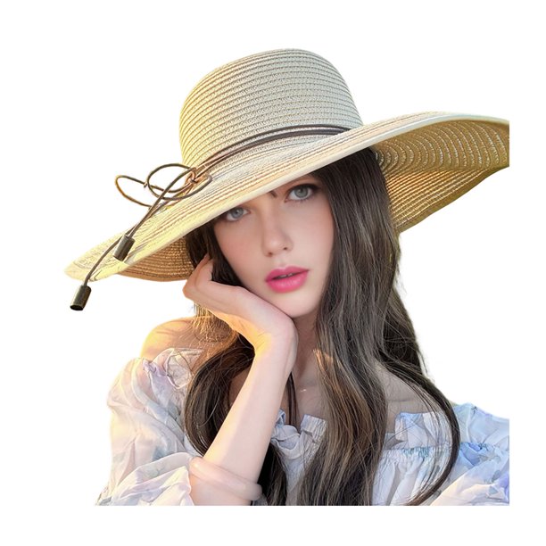 Sombrero de playa de paja natural de alta densidad con protección solar, ala ancha y diseño abovedado, lazo de encaje y detalles de perlas de imitación. Sombrero de verano.