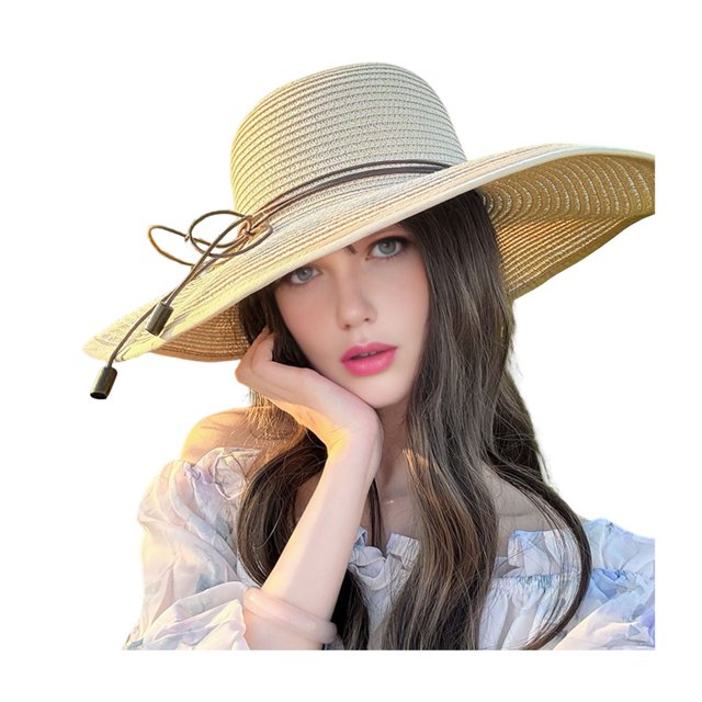 Sombrero de playa de paja natural de alta densidad con protección solar, ala ancha y diseño abovedado, lazo de encaje y detalles de perlas de imitación. Sombrero de verano.