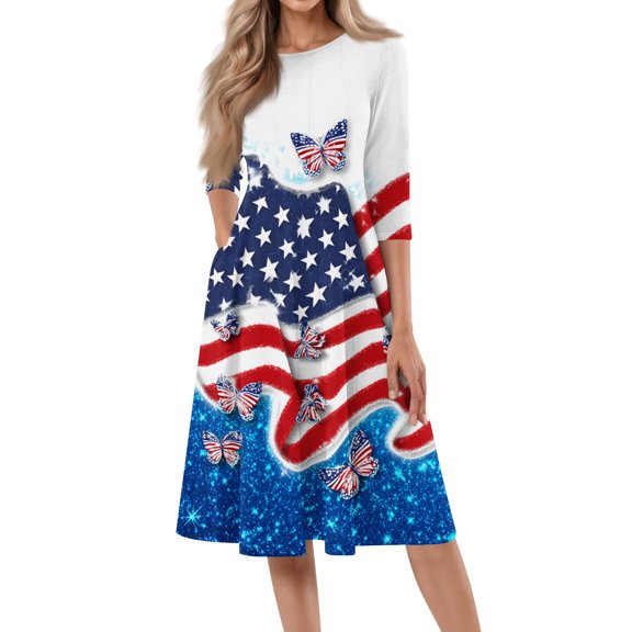 BOMYJESK Womens Maxi Dress American Flag Floral Beach Long Dresses 4th July Summer Dresses Independence Day Art Print Elegant Classy Resort Wear Light Blue S