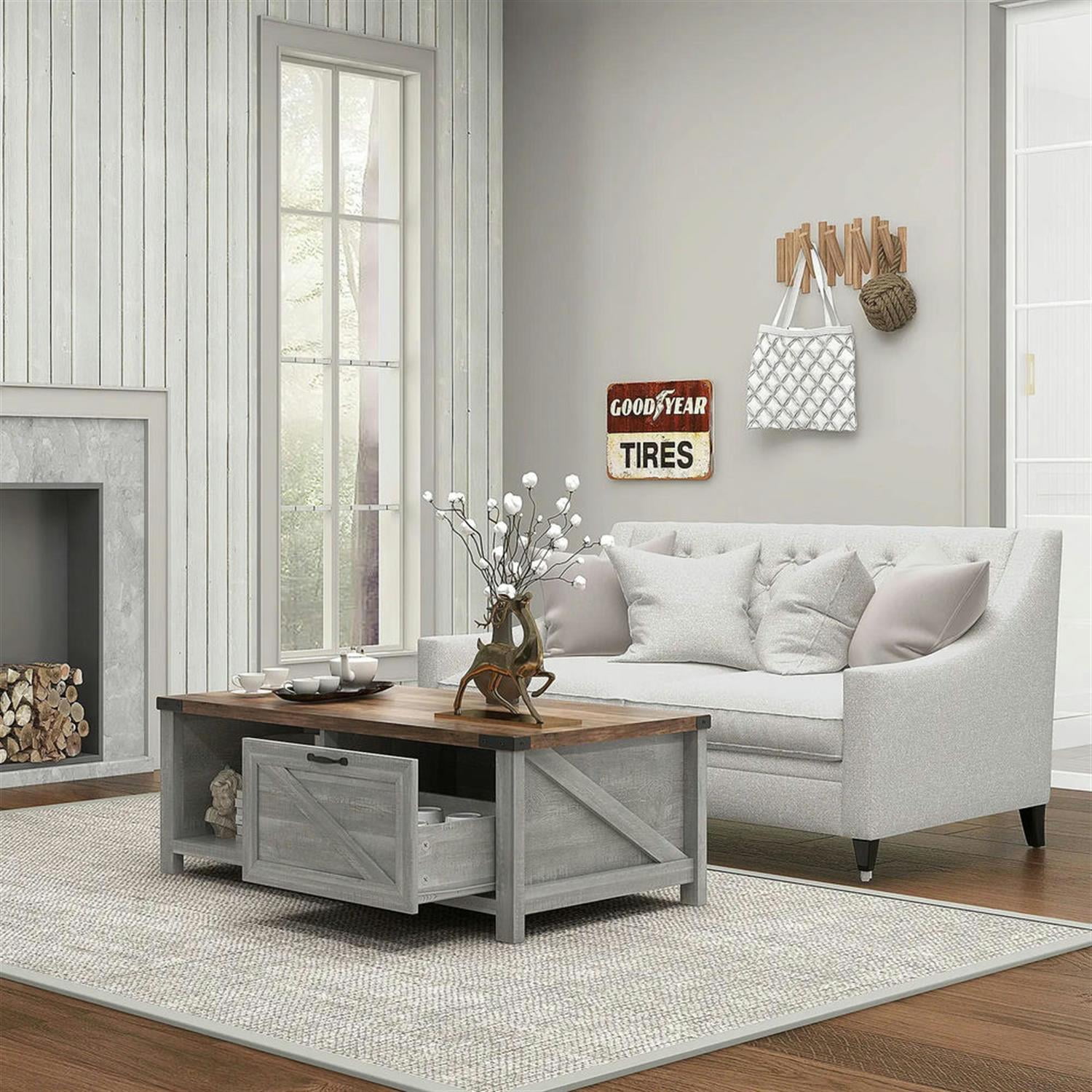 Demi Bonn 46" Rustic Coffee Table with Storage, Farmhouse End Table with Drawer & Open Shelf for Living Room, Space-Saving Console Table, Gray