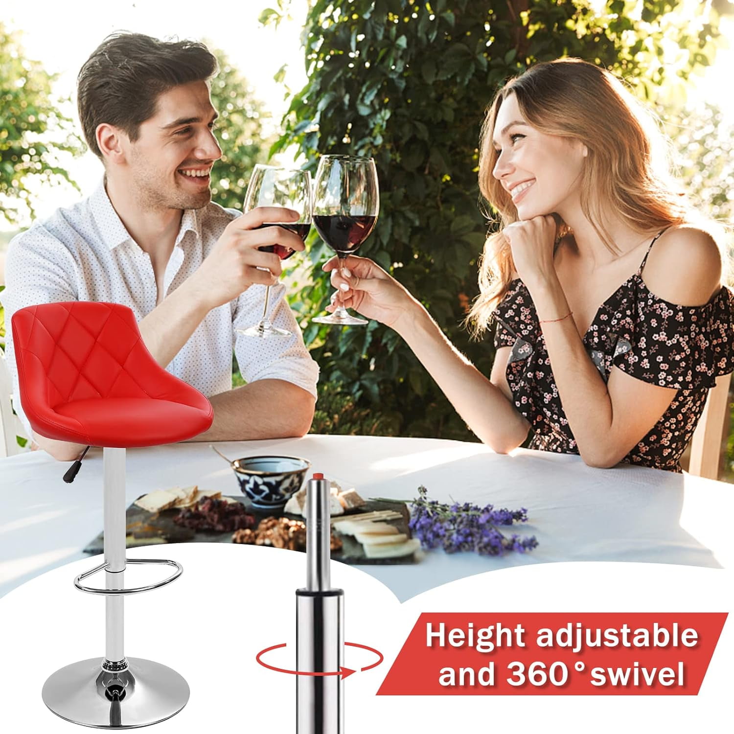 Modern Bar Stools Set of 2 Counter Height Adjustable Bar Chairs with Back and Chrome Base PU Leather Barstools Island Chairs for Kitchen Living Room Pub Swivel Bar Stools (Red)