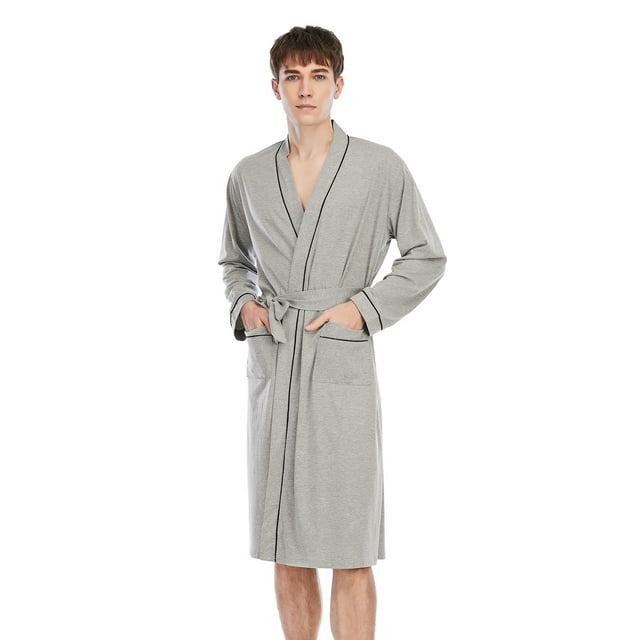 MintLimit Men's Robe Soft Kimono Full Length Knit Bath Robe Mens Long Sleeve Lightweight Nightgown Solid Color Bathrobe Sets with Pockets Gray