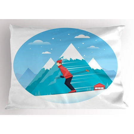 Winter Pillow Sham, Man Skiing down the Snowy Hill Hobby Mountains Sports Colorado Cliffs Graphic, Decorative Standard Size Printed Pillowcase, 26 X 20 Inches, Blue Dark Coral, by (Best Ski Hills In Colorado)