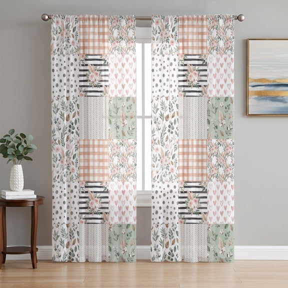 Spring Flora Checkered Sheer Curtains 96 Inch Length 2 Panels Set, Farmhouse Flowers Buffalo Voile Window Treatment Semi Sheer Long Curtains Drapes for Bedroom/Living Room/Kitchen 52"x96"x2