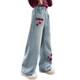 thumbnail image 4 of Generic Tween Girls Jeans Wide Leg Baggy Loose Denim Pants Heart Embroidery Y2K Elastic Waist Trousers Kids Streetwear Dance Washed, 4 of 5