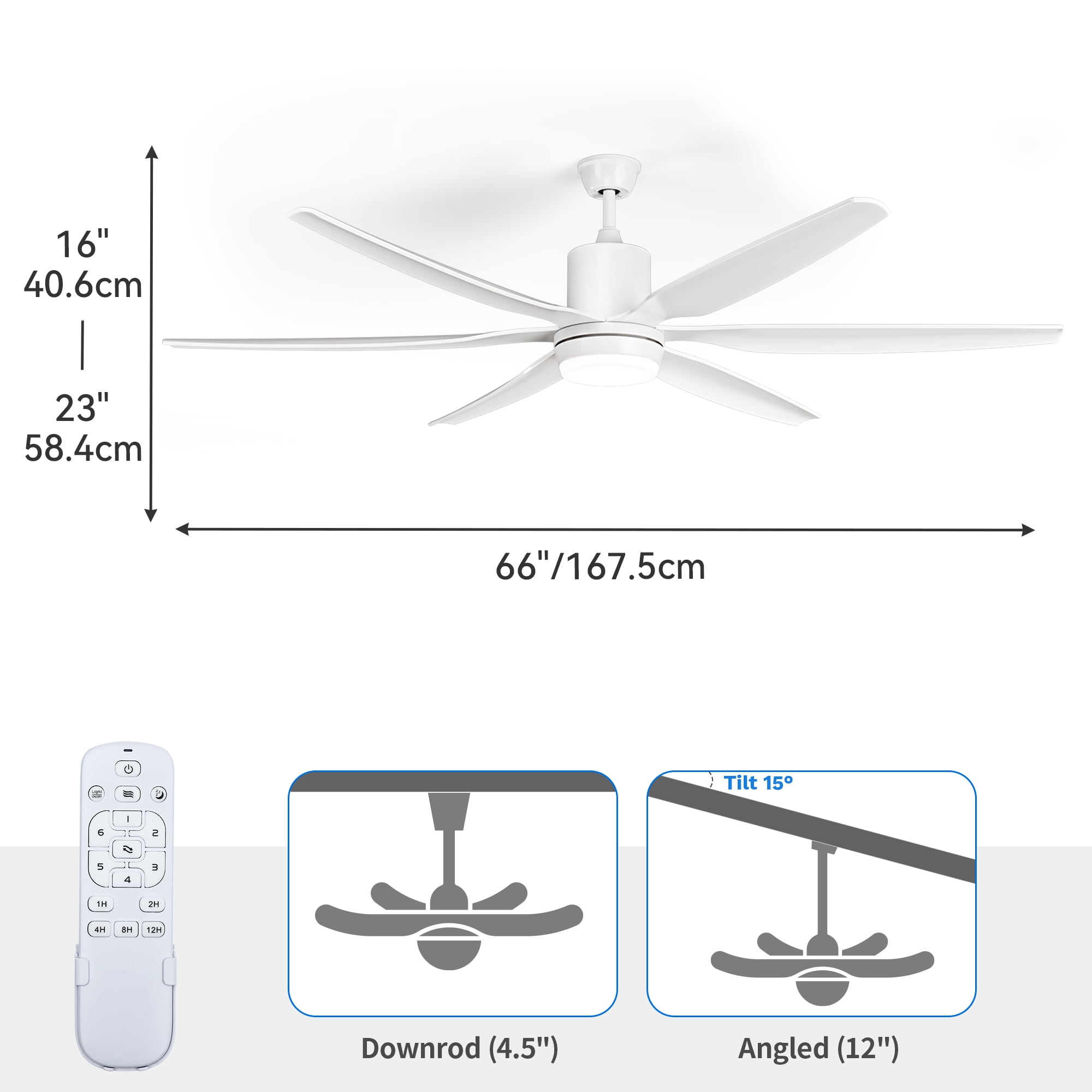Uforic Modern 66" 6-Blade Ceiling Fan with LED Light, 6-Speed Reversible Outdoor Ceiling Fan for Patio, Quiet DC Motor, App & Remote Control (White)