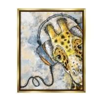 Stupell Industries Giraffe with Headphones Animals & Insects Painting Gold Floater Framed Art Print Wall Art, 25 x 31