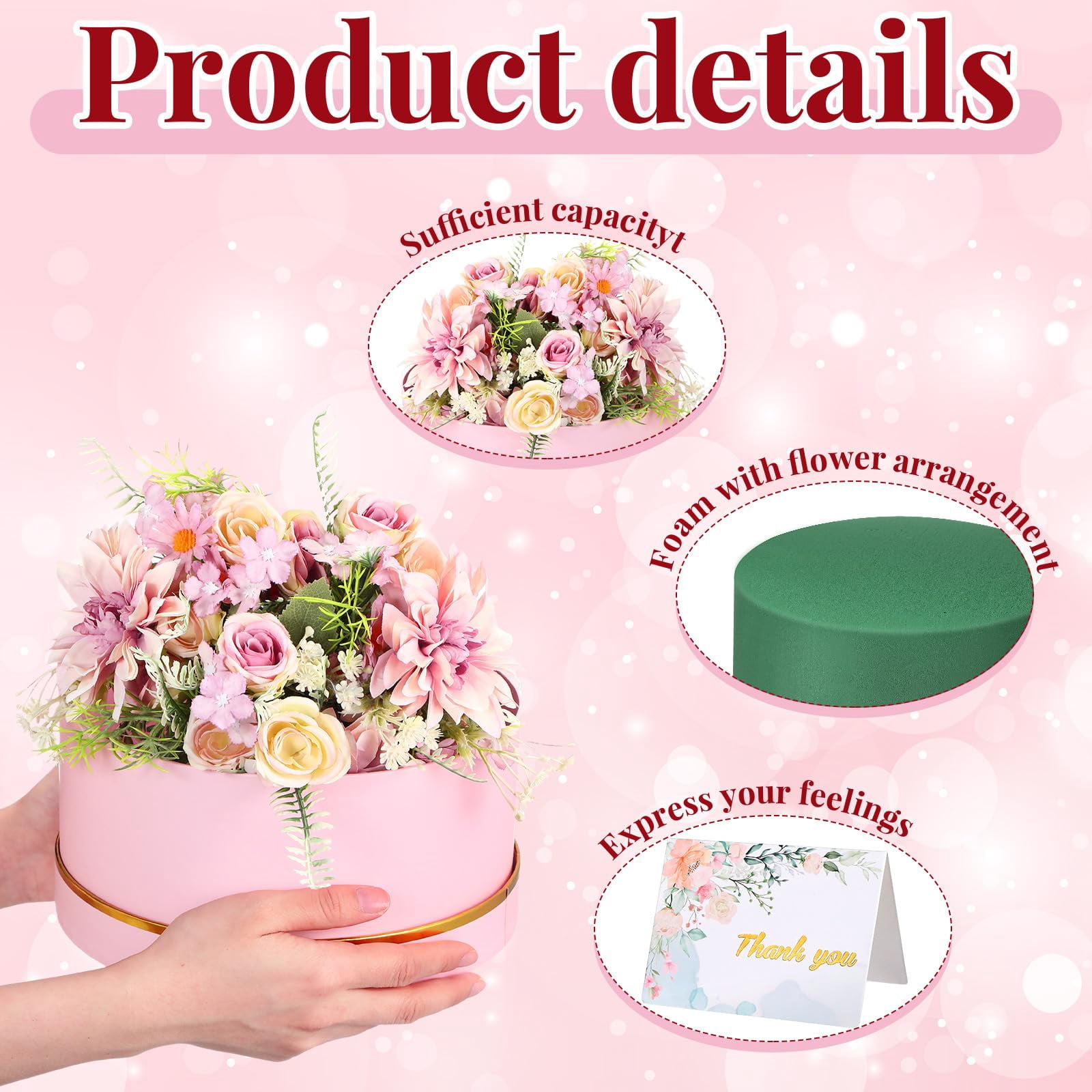 2 Round Gift Boxes With Lids Floral Foam Led Light Thank You Greeting Cards Flower Arrangements Supplies For Valentine Birthday Wedding Bridesmaid Proposal(pink)