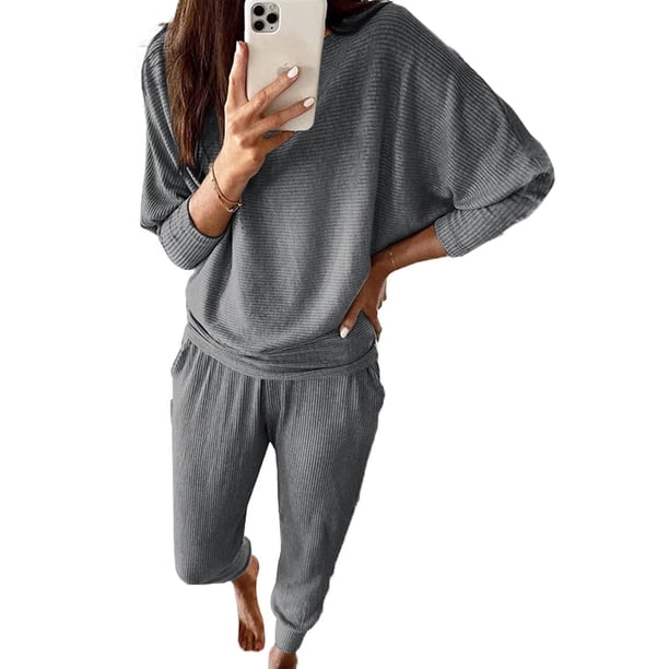 Conjunto Deportivo PRETTYGARDEN Mujer 2 Piezas Canalé Gris XL