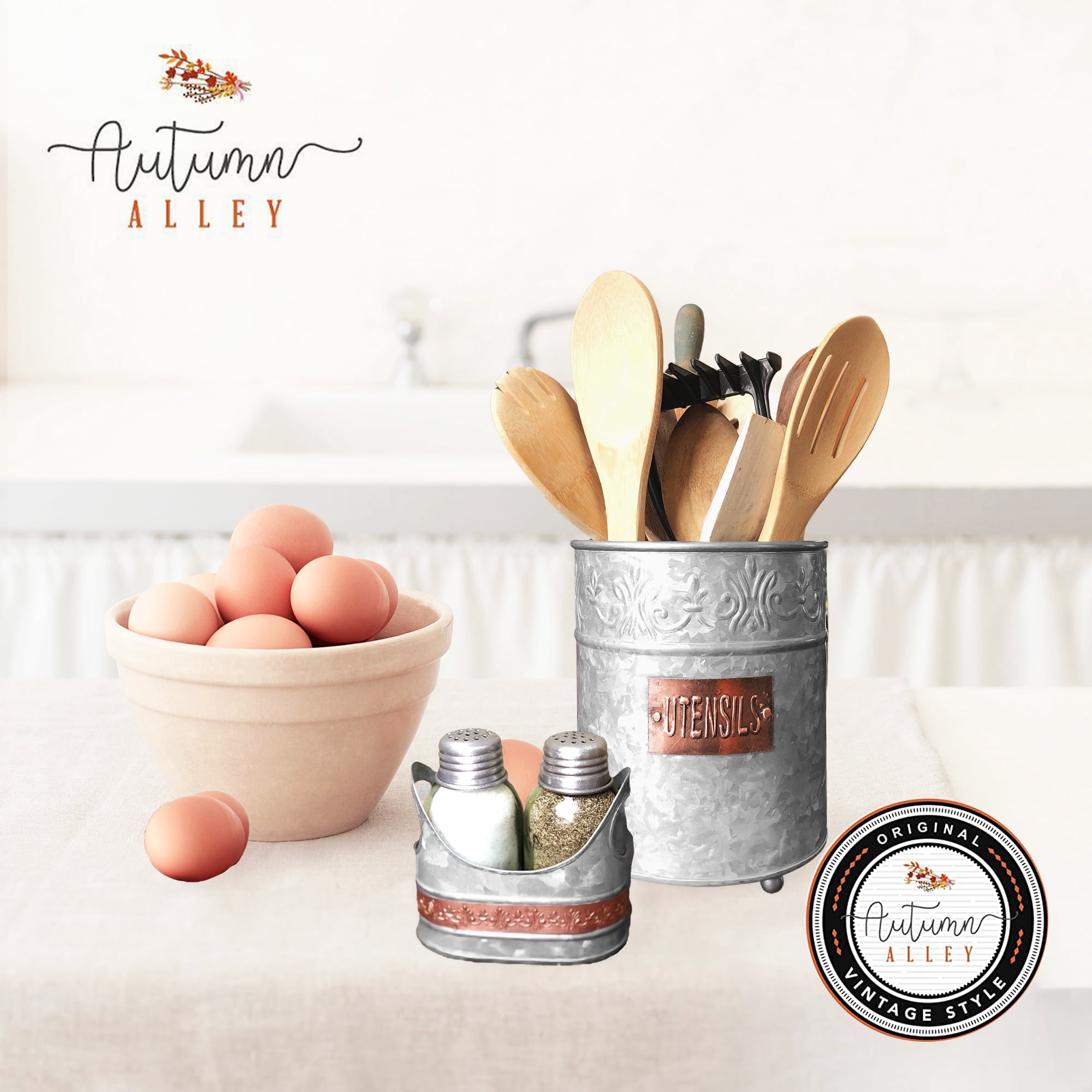 Autumn Alley Galvanized Round Utensil Holder with Embossed Copper Label