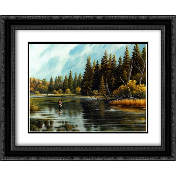 Fly Fishing Wall Art - Framed Canvas Print Of Fisherman On Rocky River, 20x30 Inches, Ready To Hang