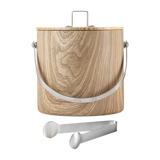 Cubo de hielo portátil con tapa y pinzas para enfriar bebidas para barbacoas 3 L de grano de madera