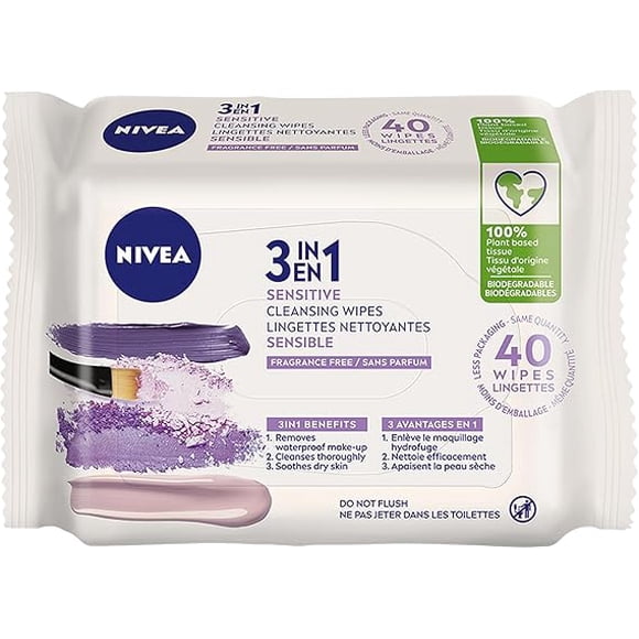 NIVEA 3-in-1 Biodegradable Face Cleansing & Makeup Removing Wipes for Sensitive Skin, 40 Wipes