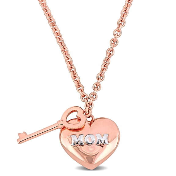 Everly Women's Rose Silver with 18k White Gold Plating Heart and Key Charm Love Mom Necklace